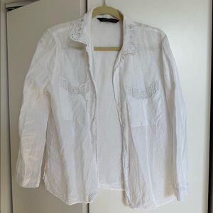 LAST CHANCE Zara White Linen Lace Trim Long Sleeve Button Up